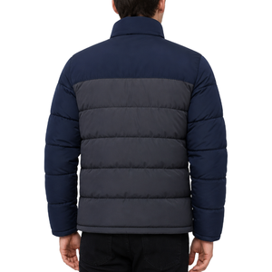 Color Block Men Puffer <b>Jacket</b> Custom Logo Two Tone Winter Warm Bubble Coat Full Zip Stand Collar <b>Navy</b> Blue Grey <b>Padded</b> <b>Jacket</b> - Product Image 4