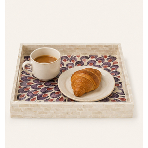 Plateau de service décoratif de luxe artisanal moderne avec incrustation de nacre, mosaïque géométrique violette, vaisselle de table - Product Image 6