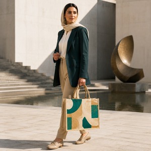 Sac fourre-tout de plage en jute à imprimé géométrique, fermeture éclair, longue poignée en corde, logo personnalisé, cadeaux d'entreprise, réutilisable pour le shopping - Product Image 6