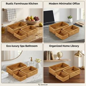 Panier à fruits en rotin naturel, ensemble de plateaux à pain rectangulaires tissés, vaisselle de luxe faite à la main pour la décoration des restaurants et des cafés - Product Image 5