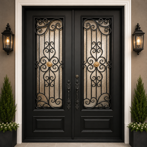 Puertas de Entrada Dobles de Hierro Forjado Personalizadas con Vidrio, Puertas de Seguridad de Lujo para Viviendas Residenciales y Villas - Product Image 2