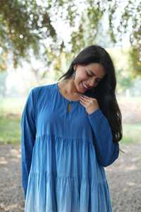 Women Blue Ombre Cotton <b>Maxi</b> <b>Dress</b> Long Sleeve Boho Tiered Flowy Casual Midi <b>Dress</b> - Product Image 2