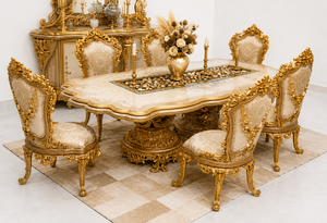 Juego de Mesa y Sillas de Comedor de Lujo de Madera Maciza de Estilo Neoclásico Real con Acabado Dorado, Forma Ovalada, 6 Sillas, Muebles para el Hogar de Estilo Antiguo - Product Image 3
