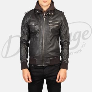Veste cargo en cuir marron expresso pour homme, avec deux poches symétriques sur la poitrine, manteau en cuir véritable, parka à col haut, vente en gros - Product Image 3