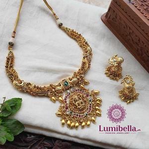 Laxmi Nakshi Antique Gold Plated Brass <b>Bridal</b> <b>Jewelry</b> <b>Set</b> with Zircon for Women Wedding Necklace and Earring <b>Set</b> - Product Image 1