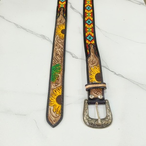 Hand <b>Tooled</b> Florals Embroidered Genuine Leather <b>Belt</b> With Silver Western Pin Buckle Ethnic Casual Style Durable Fashionable <b>Belt</b> - Product Image 2