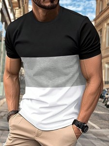 Men's Color Blocked Short Sleeve T-Shirt Regular Fit O-Neck Casual Cotton Jersey Fabric Letter Print Custom <b>Logo</b> Regular Length - Product Image 4