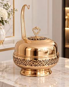 Luxury Round Gold Stainless Steel Chafing Dish Pot with Ladle Hook Arabian Cutout Design Food <b>Warmer</b> for Hotel Catering <b>Buffet</b> - Product Image 3