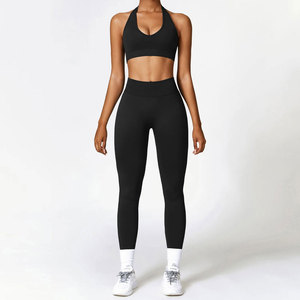 Solid <b>Seamless</b> 2-Piece Women Activewear Set Mid Waist <b>Leggings</b> Sports Bra Crop Top Full Length Racerback Yoga Gym Wear - Product Image 3