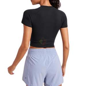 T-shirt de sport noir personnalisé pour femme, col rond, super extensible, pour la gym, le fitness, l'entraînement, vêtements de sport, coupe ajustée, séchage rapide, hauts de yoga - Product Image 2
