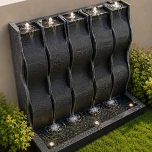 Fontaine murale rectangulaire extérieure en pierre, cascade de jardin, piscine à six jets, affichage aquatique architectural moderne pour patio - Product Image 6