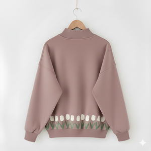 Sudadera Gris de Cuello Alto para Mujer con Estampado de Tulipanes, Hombros Caídos, Manga Larga, Estilo Casual, Diseño Floral de Primavera - Product Image 4