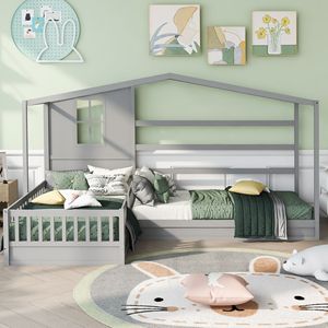 Letto a capanna in legno massello grigio, misura singola, con 2 strutture a L e recinzione per bambini - Product Image 1