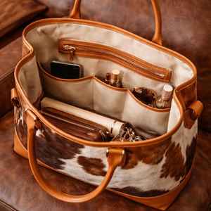 กระเป๋าโท้ทหนังแท้คุณภาพสูง แต่งขนสัตว์ พร้อมงานปักและซิปปิด ดีไซน์วินเทจสำหรับสุภาพสตรี-LHTB-0005 - Product Image 2