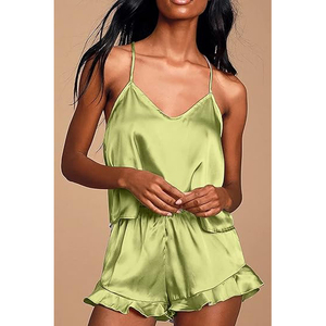 Best Seller Satin Sleep Romper Set V-Neck Sleeveless Solid Color Shorts Summer Sexy Nightwear Smooth Elastic Waist <b>Green</b> - Product Image 4