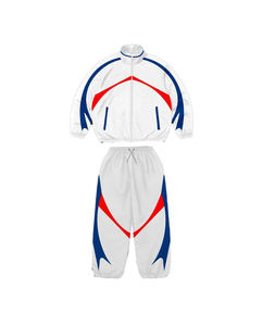 Ensemble de survêtement pour homme, blanc, bleu, rouge, avec blocs de couleur, veste zippée sportive et pantalon, en polyester tricoté respirant, coupe-vent - Product Image 4