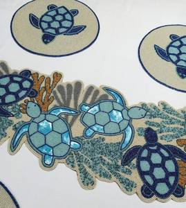 Embroidered Cotton <b>Table</b> <b>Runner</b> Sea Turtle Pattern Rustic Style Home Decor <b>Blue</b> Beige - Product Image 4