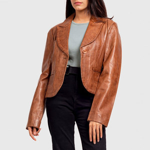 Chaqueta bomber corta de cuero genuino marrón con cuello vuelto elegante para mujer, personalizable, a la venta a precio de mayoreo. - Product Image 1