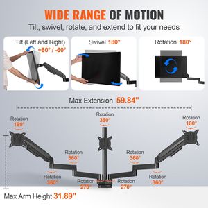 Supporto Triplo per Monitor con Molla a Gas Completamente Regolabile, Compatibile con Schermi da 13'' a 27'', Braccio in Metallo, Capacità 20 Libbre per Braccio, Stand per Tre Monitor - Product Image 3