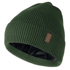 Gorro de Punto Personalizado con Forro de Satén para Hombre y Mujer, Color Verde Oliva y Caqui, Gorro de Invierno con Forro de Seda, Gorro Cálido con Puño - Product Image 1