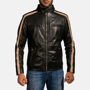 Chaqueta de Cuero Genuino Negra para Hombre, Chaqueta de Motociclista con Rayas Beige, Chaqueta de Cuero Ajustada, Fabricante Personalizado - Product Image 2