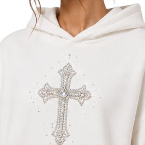 Sweat-shirt oversize blanc pour femme avec motif croix en strass, en molleton de coton premium, pull décontracté pour l'hiver, streetwear - Product Image 3