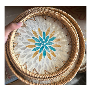 Premium Eco Friendly Rattan <b>Tray</b> With Mother Of Pearl Inlay Artisan Handmade Decorative <b>Basket</b> For Modern Homes - Product Image 3