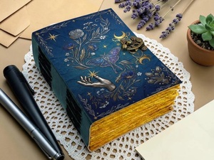200 feuilles de journal Grimoire en cuir bleu, couverture rigide, design floral céleste vintage, motifs lune et papillon, illustrations manuelles, aquarelle, herbes - Product Image 3