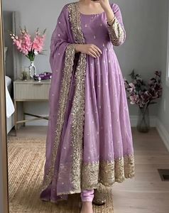 Traditional Georgette Salwar Kameez Heavy Embroidery <b>Work</b> Border Lace Dupatta Partywear Wrinkle-Free Anarkali Three Piece Dress - Product Image 3
