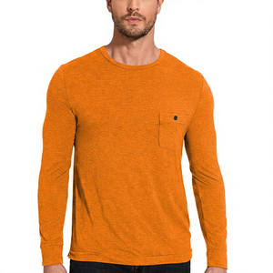 Men's Gray Long Sleeve O-Neck <b>T</b>-<b>Shirt</b> with Chest Pocket Regular Fit Casual Knitted <b>Modal</b>/Cotton Quick Dry Anti-Pilling Top - Product Image 6