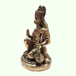 Statue artisanale en laiton du Dieu Hanuman assis avec son bâton Gada, idole traditionnelle Bajrangbali pour la force, la protection et le Vastu - Product Image 3