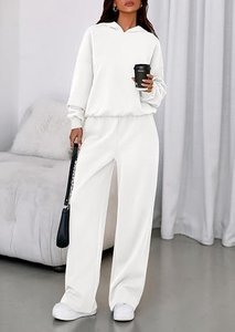Women's <b>2</b> <b>Piece</b> <b>White</b> Hooded Sweatshirt <b>Set</b> Loose Fit Casual All Seasons Long Sleeve Pants Outfit Solid Color Knitted Cotton - Product Image 5