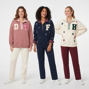 Damen Fleece-Sweatshirt mit Halbreißverschluss und Weite-Hosen-Set mit Individuell Bestickten Worten Minimalistisches Lässiges Zweiteiler-Set - Product Image 6