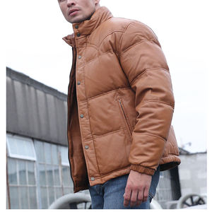 <b>Mens</b> Leather Puffer Jacket Quilted Stand Collar <b>Warm</b> Insulated Winter <b>Coat</b> Casual Outdoor Fashion Wholesale - Product Image 3