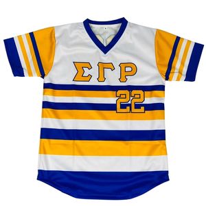 Maillot de baseball rayé Sigma Gamma Rho SGRho 22 bleu or, vêtements grecs haut de gamme, maillot élégant pour femmes - Product Image 1
