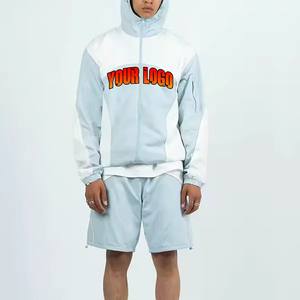 Ensemble de survêtement streetwear pour homme, deux pièces, avec veste courte à capuche, patchwork, fermeture éclair, 100% coton, brodé, imprimé, délavé à l'acide - Product Image 1