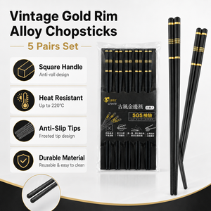 Decorative Gift <b>Chopsticks</b> Square Smooth Gold PBT Plastic Vintage <b>Reusable</b> 5 Pairs - Product Image 2