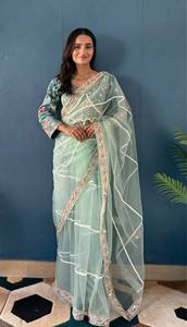 Haut de sari en soie brodé rose, non cousu, longueur ras du sol, orné de perles, style traditionnel indien pakistanais, pour mariage et fête - Product Image 5