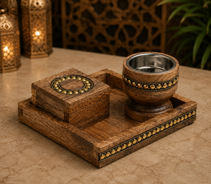 Luxury Natural Wood Metal Studded Bakhoor Burner Set with Tray & Storage <b>Box</b> Arabic Mabkhara For Home Decor Ramadan <b>Eid</b> <b>Gift</b> - Product Image 1