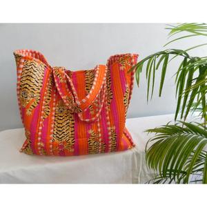 Bolsa de Mano de Algodón Hecha a Mano, con Estampado de Bloques, Acolchada, con Cierre Abierto, Estilo Boho, Reutilizable, para Compras, Casual, para Mujer, Verano, Otoño, Primavera - Product Image 2