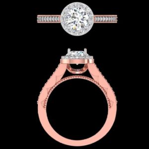 Elegante Anillo de Compromiso de Oro Rosa con Halo de Diamantes Redondos de 1.19ctw, con Hombros Estilo Catedral y Banda de Diamantes con Pavé Milgrain - Product Image 1