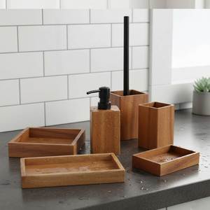 <b>Wood</b> <b>Bathroom</b> Set Three-Piece Minimalist Soap Dispenser Tray Toothbrush Holder Rectangle Design Eco-Friendly Easy To Clean Decor - Product Image 3