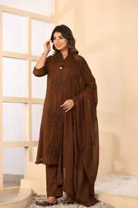 Ensemble Kurta en coton marron pour femme avec pantalon et dupatta, coupe régulière, longueur cheville, style traditionnel indien pakistanais, tenue de soirée - Product Image 4