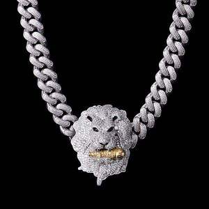 14K Gold Plated 925 <b>Sterling</b> <b>Silver</b> Miami Cuban Curb <b>Chain</b> With Custom Lion Pendant Moissanite Hip Hop <b>Mens</b> Luxury Jewelry - Product Image 1