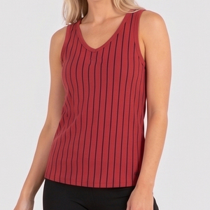 Camiseta sin mangas de punto a rayas para mujer, cuello redondo asimétrico, sin mangas, con rayas rojas y negras, ropa deportiva para mujer - Product Image 3