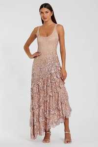 Robe longue asymétrique élégante à sequins, dos nu, bretelles spaghetti, en satin or rose naturel, idéale pour les soirées - Product Image 5