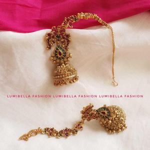 Peacock Style Jhumka Earrings with Attached Mattal in Pearl and Ruby - Product Image 2