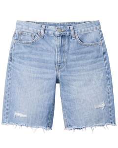 Shorts de mezclilla azul claro para hombre, estilo desgastado con dobladillo sin rematar, pantalones cortos de jean para verano, uso casual, corte regular, cierre con botones. - Product Image 1