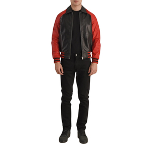 Veste bomber en cuir PU pour homme, noire et rouge, à col rabattu et fermeture éclair - Product Image 4