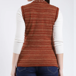 Gilet sans manches en tricot pour femme, col en V, motif rayé, fermeture à boutons, vêtements décontractés d'automne, 100% acrylique - Product Image 3